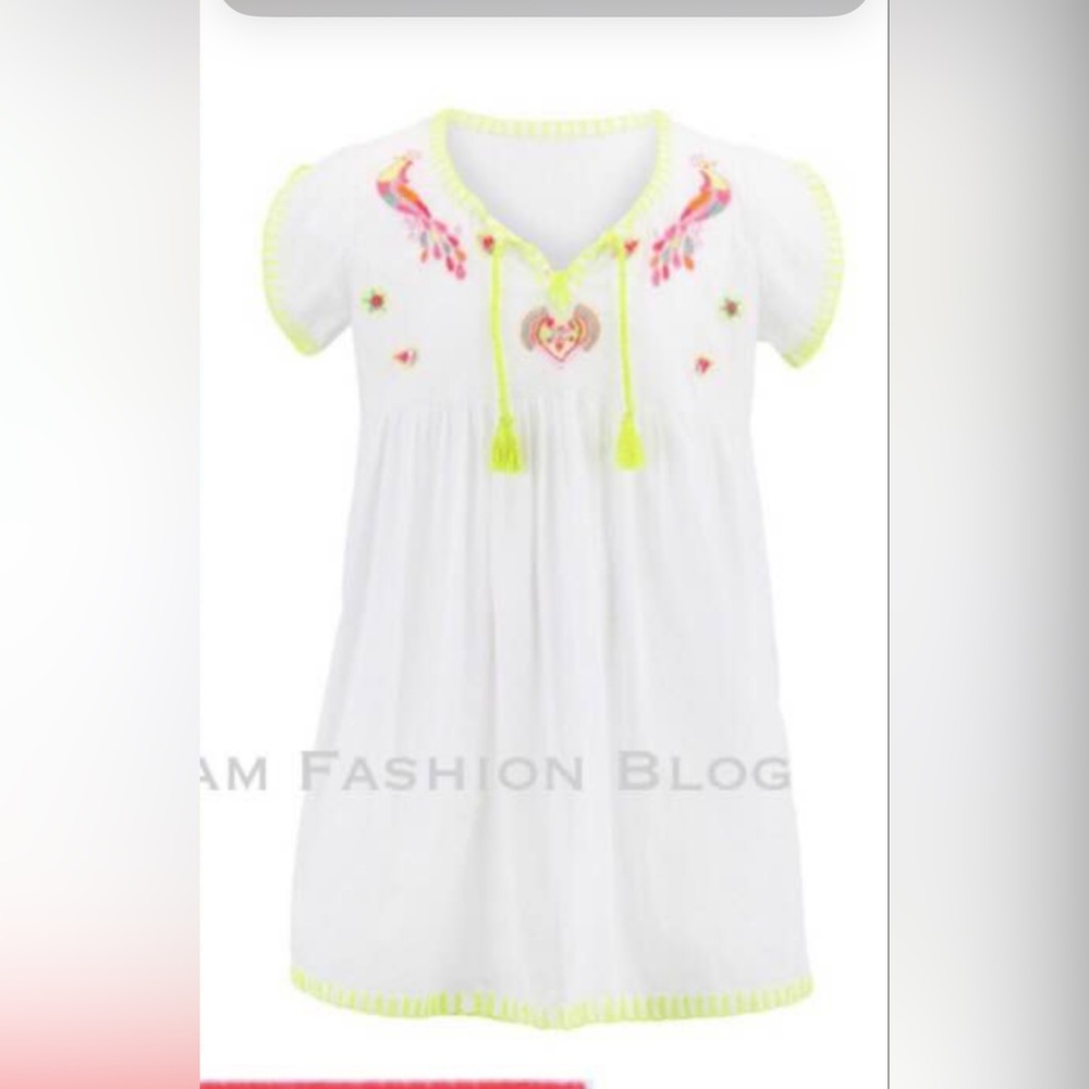 Yellow and White Embroidered Swim Coverup with Tassels